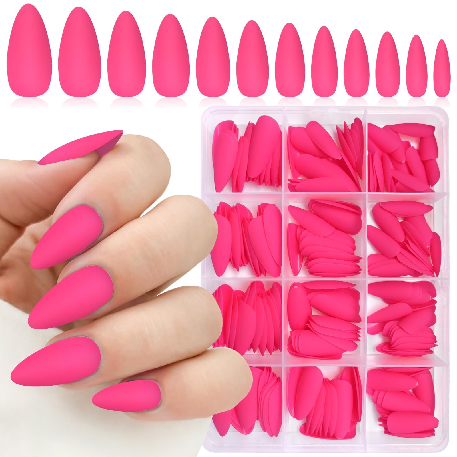 Lifextol 240pc almond press-on nails in hot pink matte finish for quick manicures