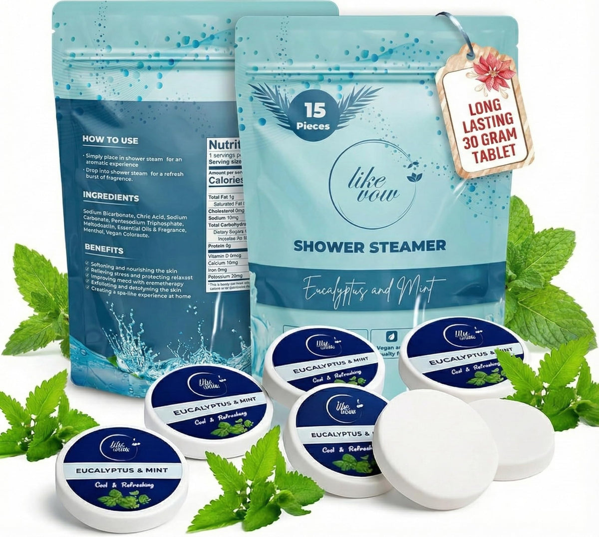 LIKEVOW shower steamer eucalyptus mint tablet close up for calming aromatherapy.