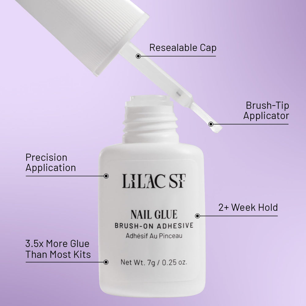 Lilac St Cherry Plated brush-on nail glue for controlled, quick adhesion