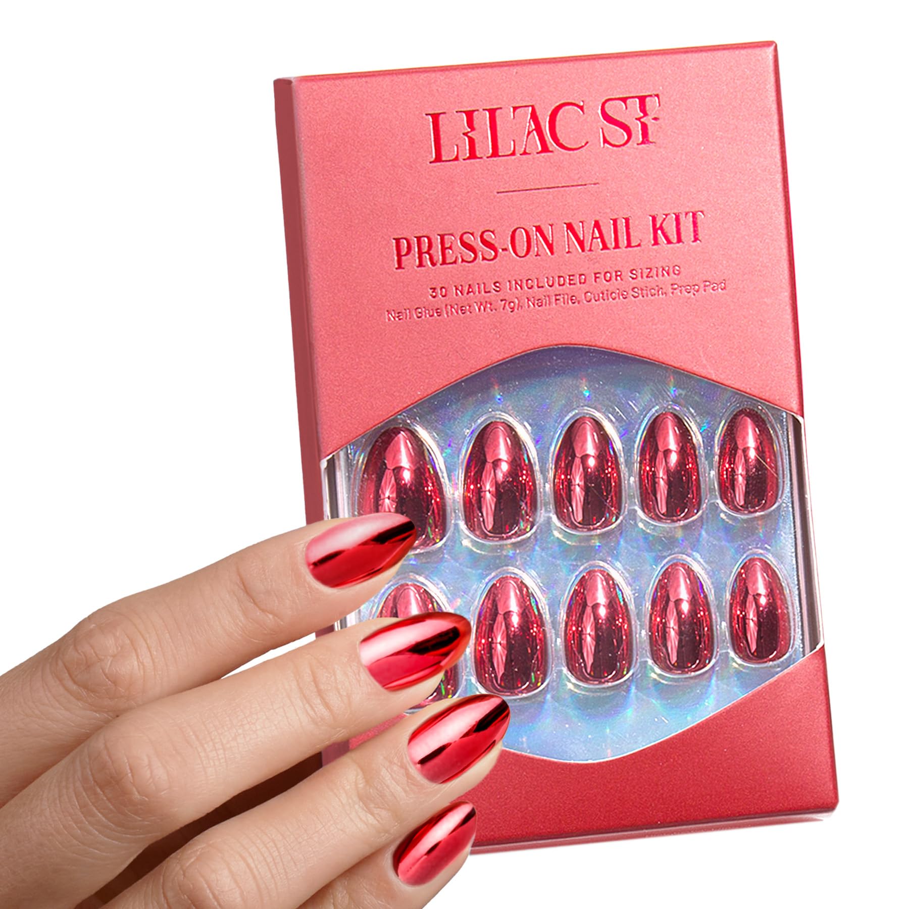 Lilac St Cherry Plated press-on nails kit showcases 30 nails in 15 sizes for a perfect fit