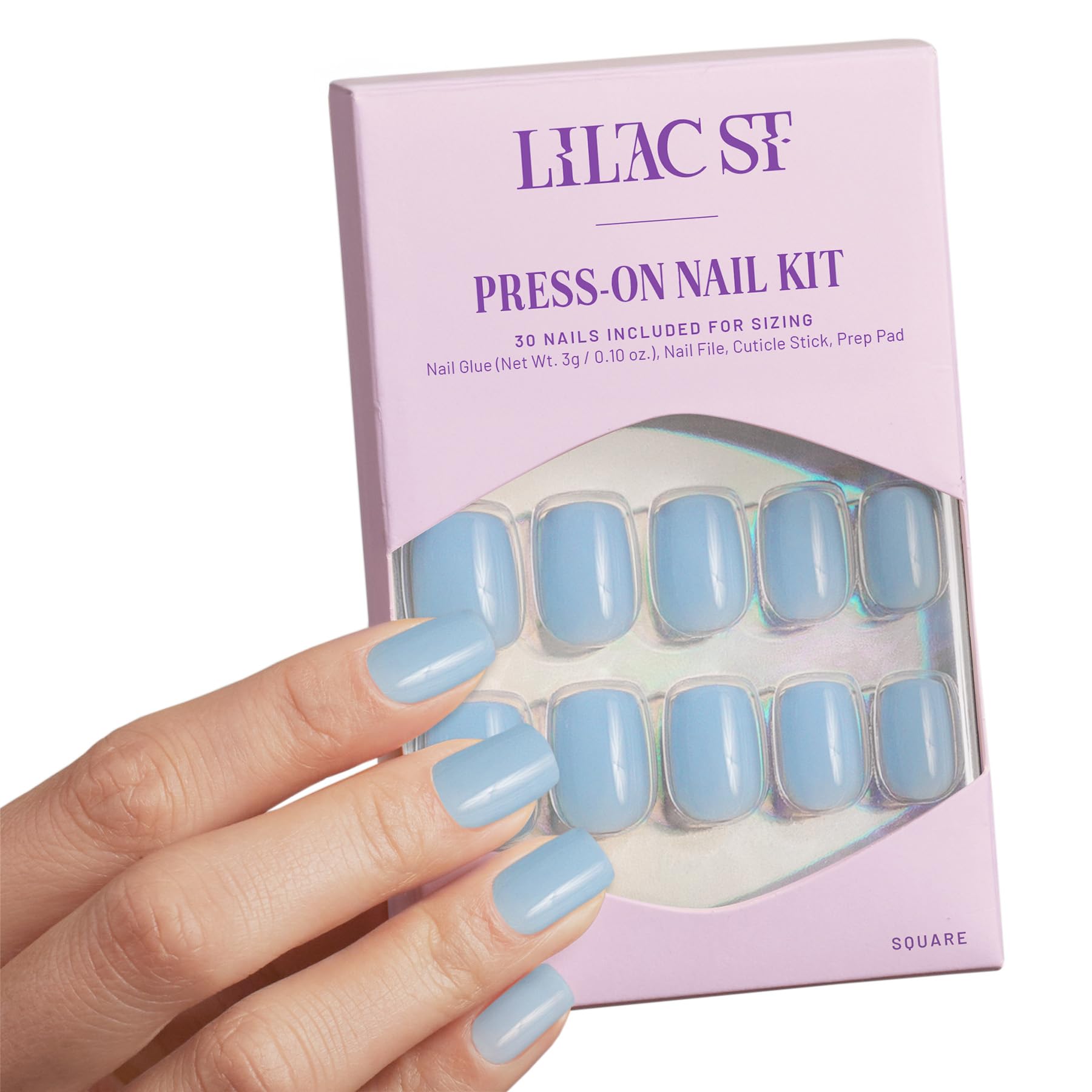 Lilac St Cloud 9 nails in short square glossy opaque for a quick, salon-worthy manicure