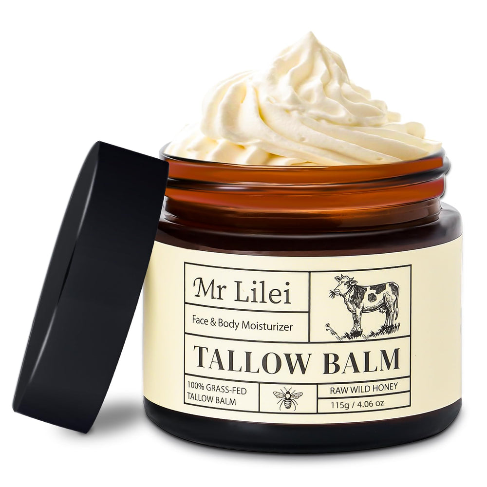 Lilei Beauty beef tallow balm jar closeup unscented for skin moisture.