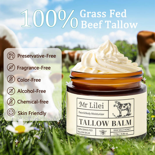 Lilei Beauty beef tallow balm whipped texture quickly absorbed for softness.
