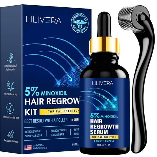 Lilivera 5% Minoxidil bottle pour demonstrates easy application for growth support.