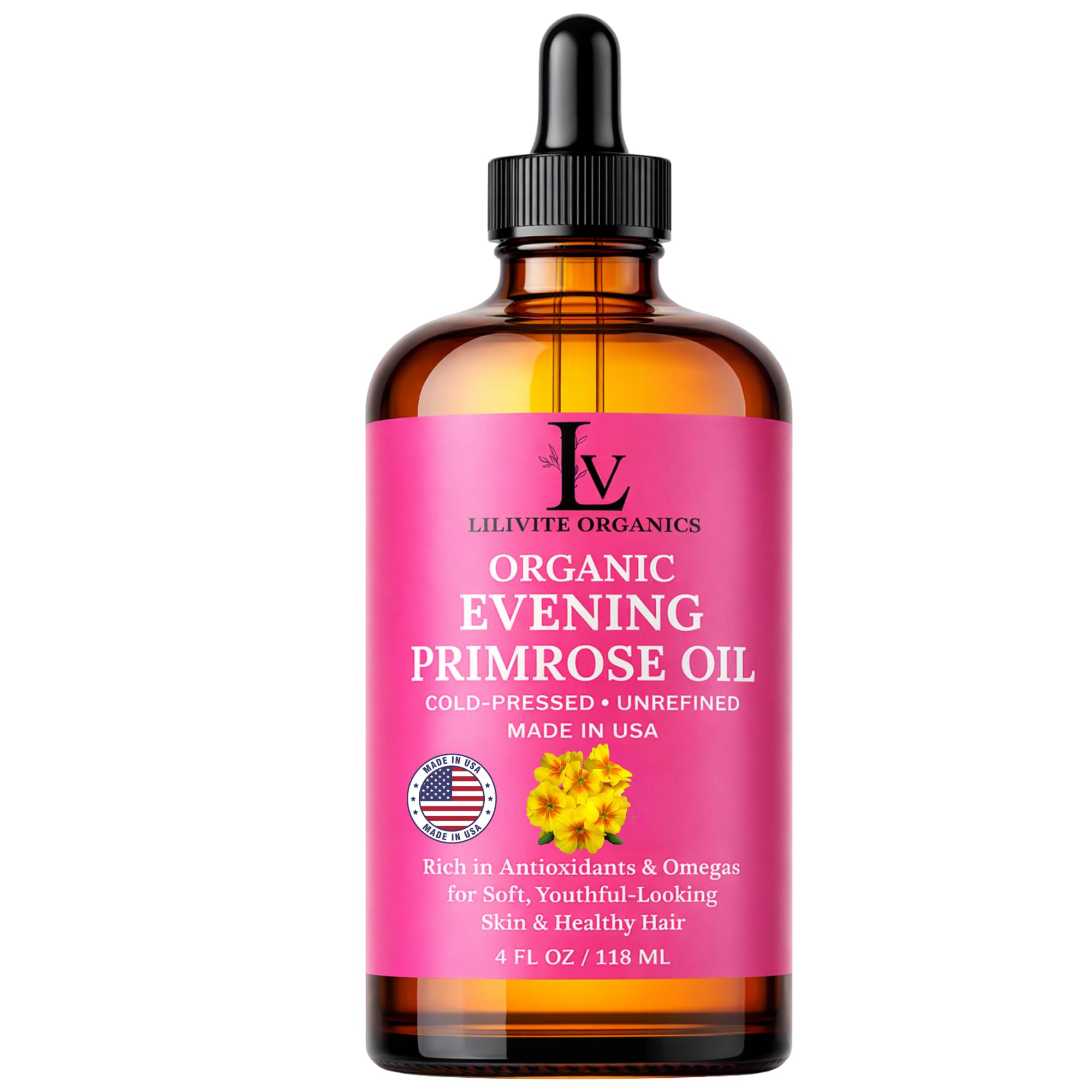 LILIVITE ORGANICS Evening Primrose Oil bottle highlighting pure, unrefined formula for daily skin care.