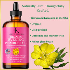 LILIVITE ORGANICS Evening Primrose Oil label focuses on hexane-free, cold-pressed processing.