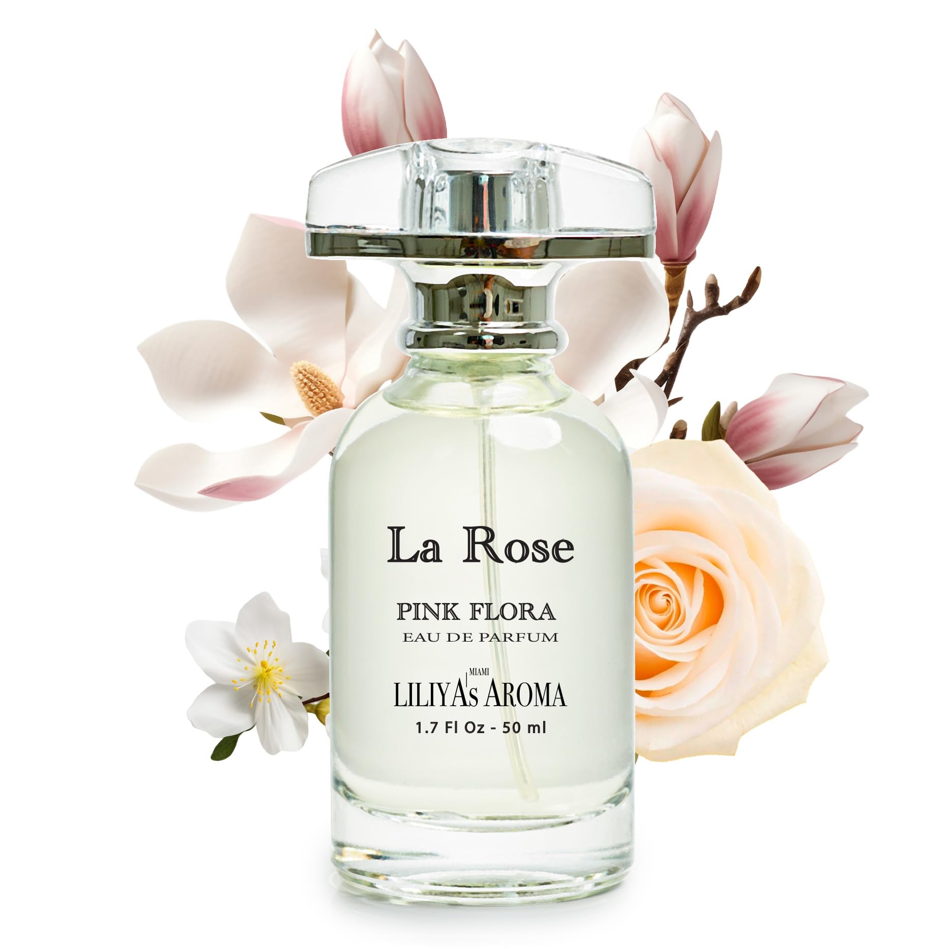 Liliya's Aroma La Rose bottle closeup highlights long-lasting floral notes