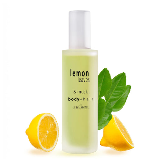 Liliya's Aroma Lemon Leaves after-shower bottle hydrates skin and hair