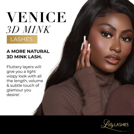 Lilly Lashes 3D Mink Venice cat-eye flare enhances outer eye corners.