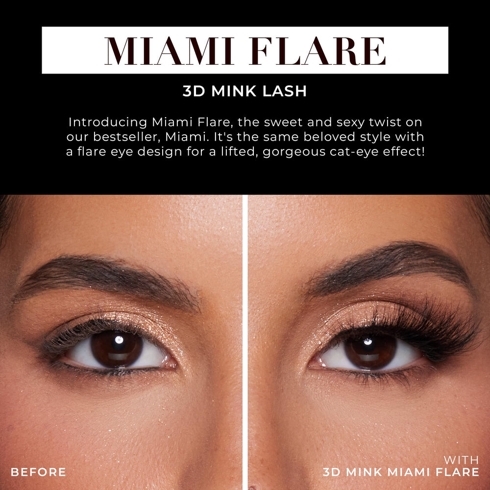 Lilly Lashes Miami Flare 3D mink strip on eye-line close-up for drama and dimension.