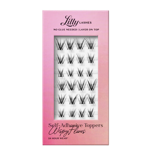 Lilly Lashes self-adhesive wispy f l a res close-up showing easy peel-and-press application