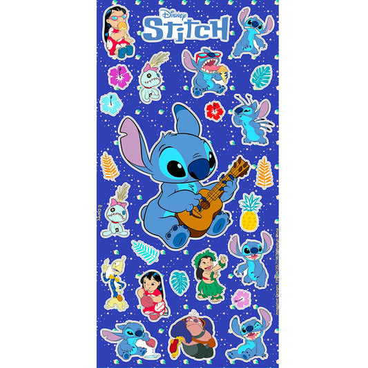 Close-up of Lilo and Stitch nail designs with glitter accents.