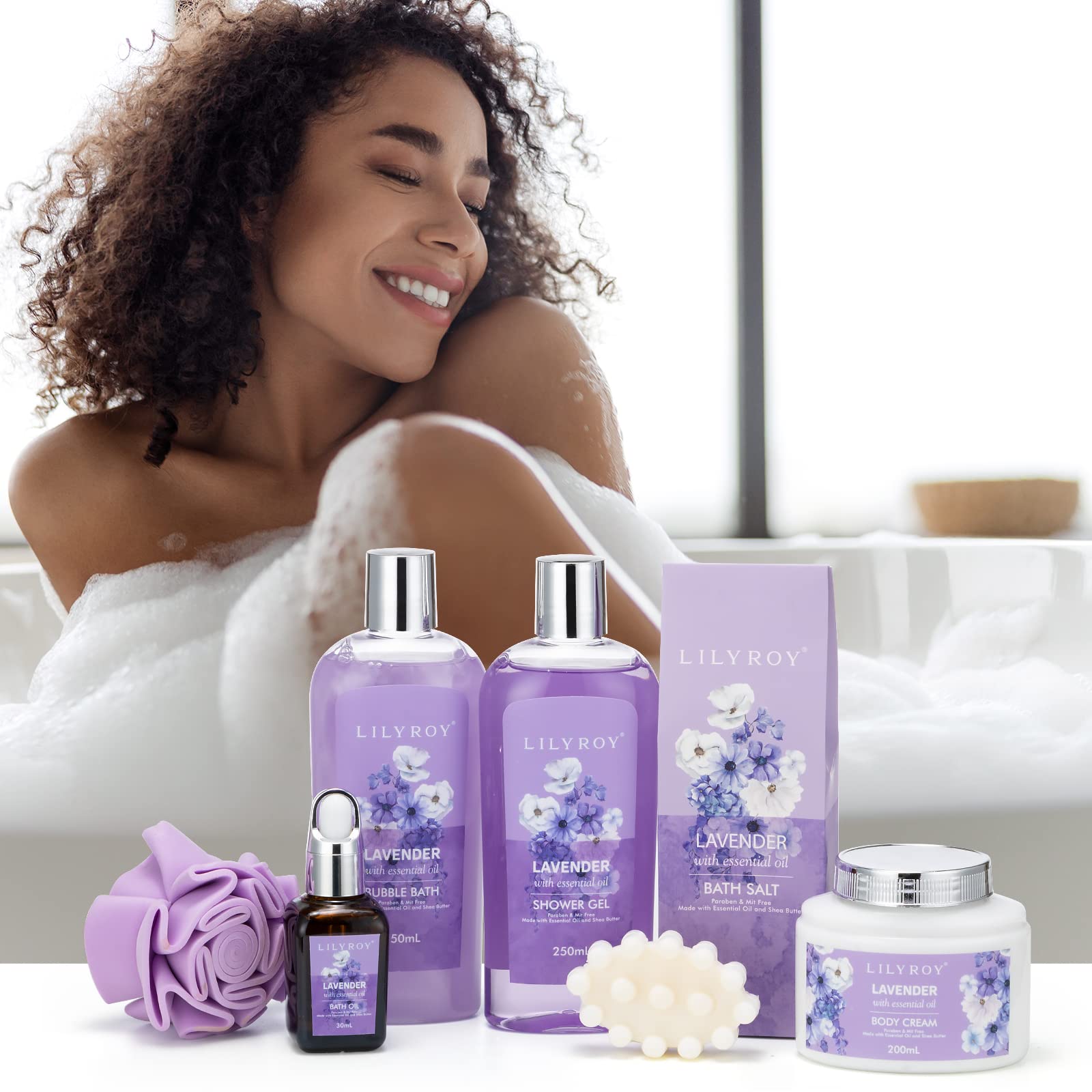 LILY ROY lavender bath salt for calming soak and gentle exfoliation.