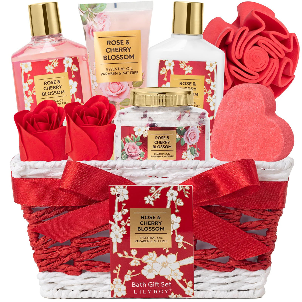 LILY ROY rose bath gift basket displayed for gifting and pampering moments