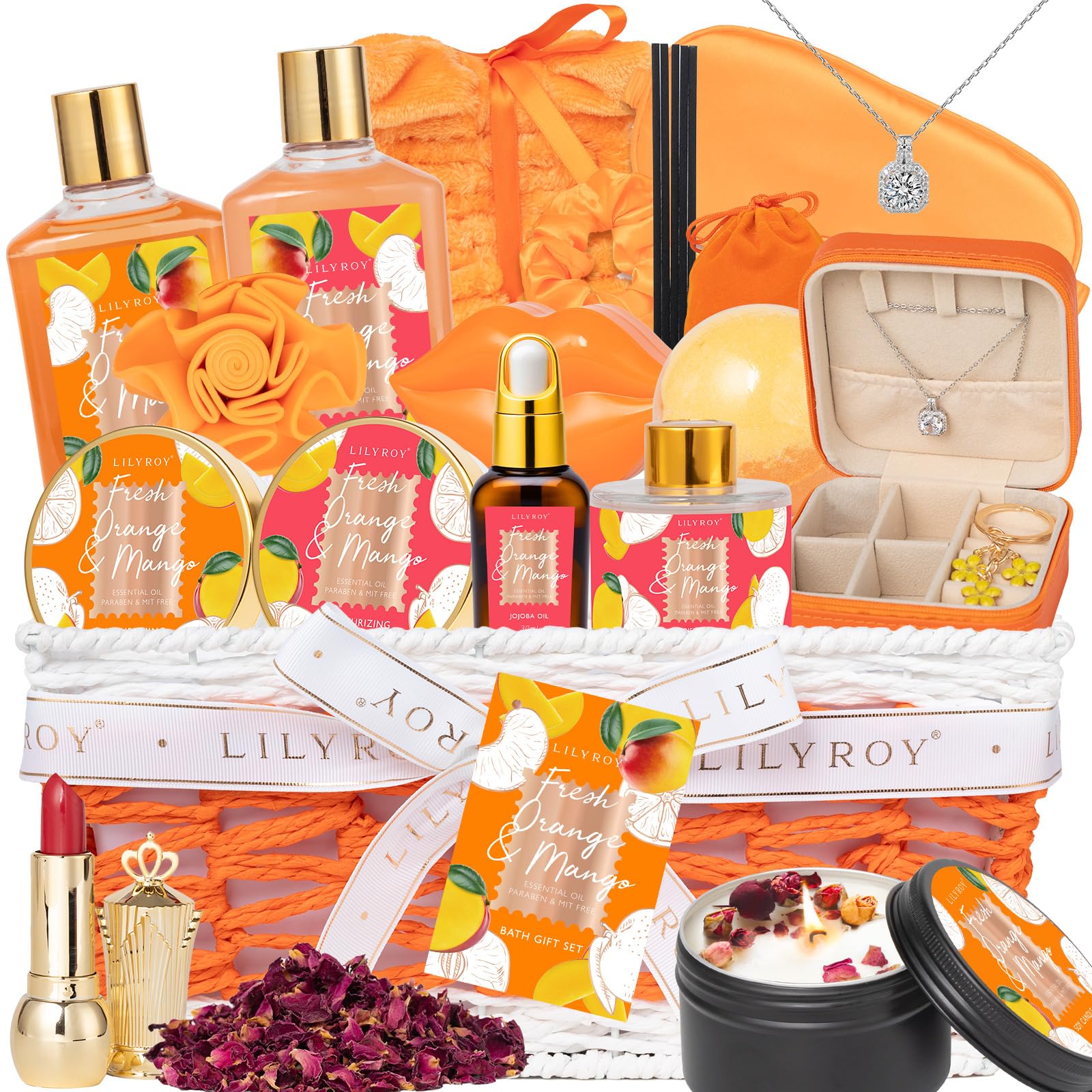LILY ROY valentines bath gift basket showing premium spa items for at-home relaxation