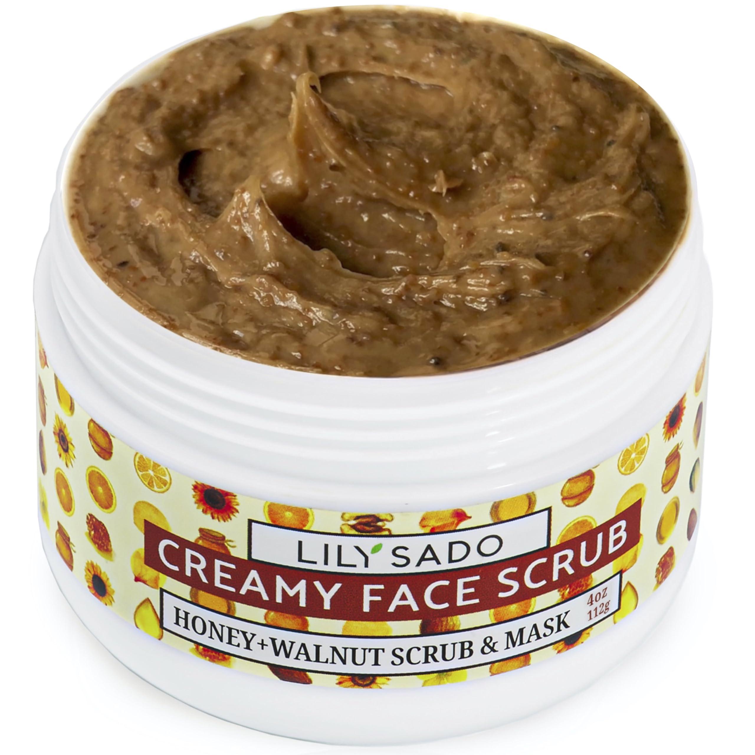 LILY SADO Honey Walnut Creamy Face Scrub bottle close-up demonstrates smooth exfoliation
