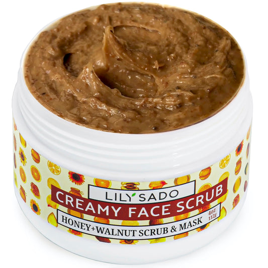 LILY SADO Honey Walnut Creamy Face Scrub bottle close-up demonstrates smooth exfoliation
