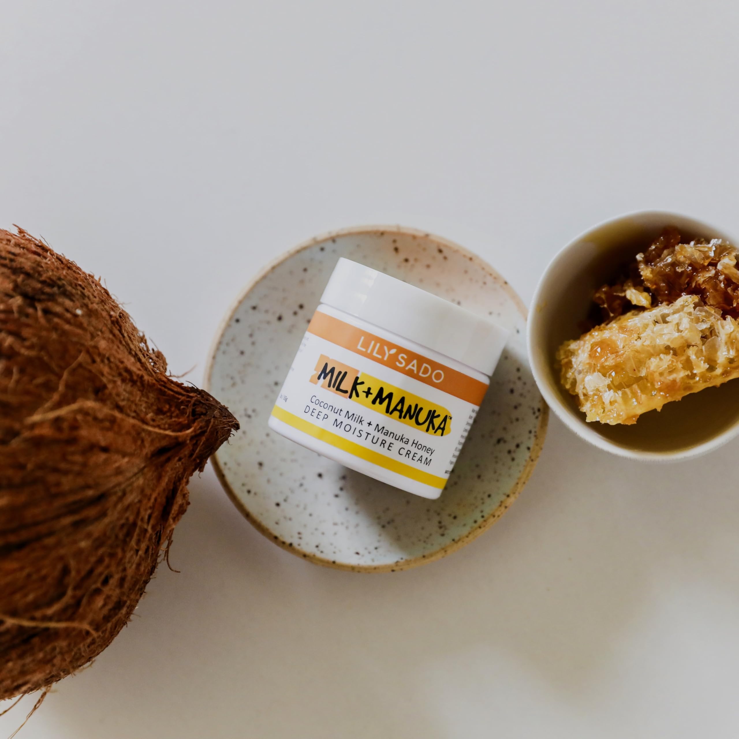 LILY SADO manuka honey coconut milk packaging highlights clean, organic-inspired skincare.
