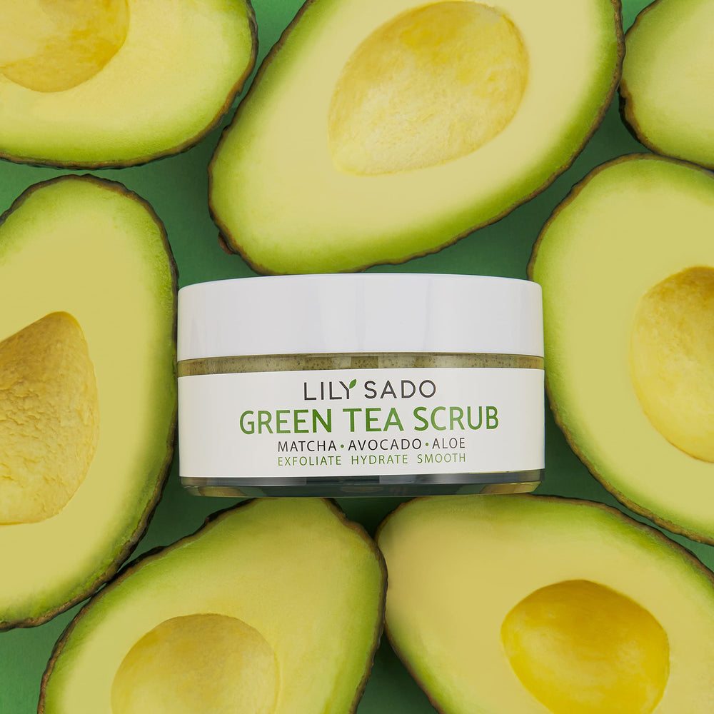 LILY SADO Matcha Made in Heaven dispense shot showing soothing botanicals for calm skin.
