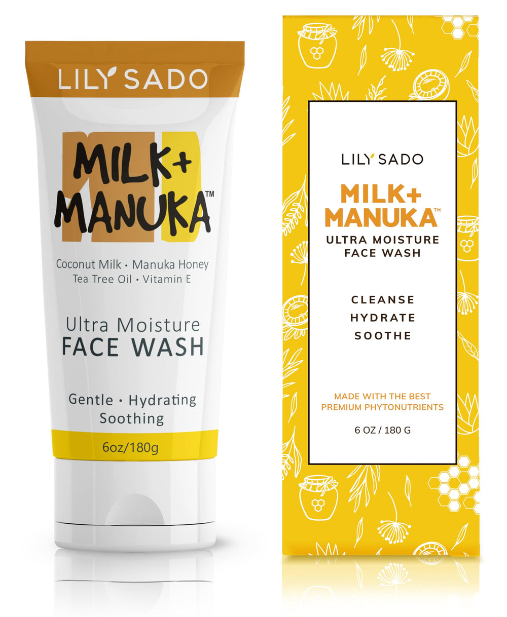 LILY SADO Milk+Manuka cleanser bottle front view highlighting hydrating formula