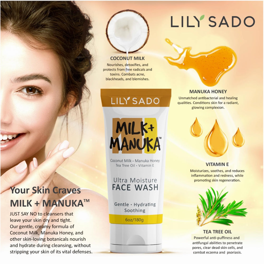 LILY SADO Milk+Manuka ingredients close-up with honey and coconut milk