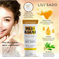 LILY SADO Milk+Manuka ingredients close-up with honey and coconut milk