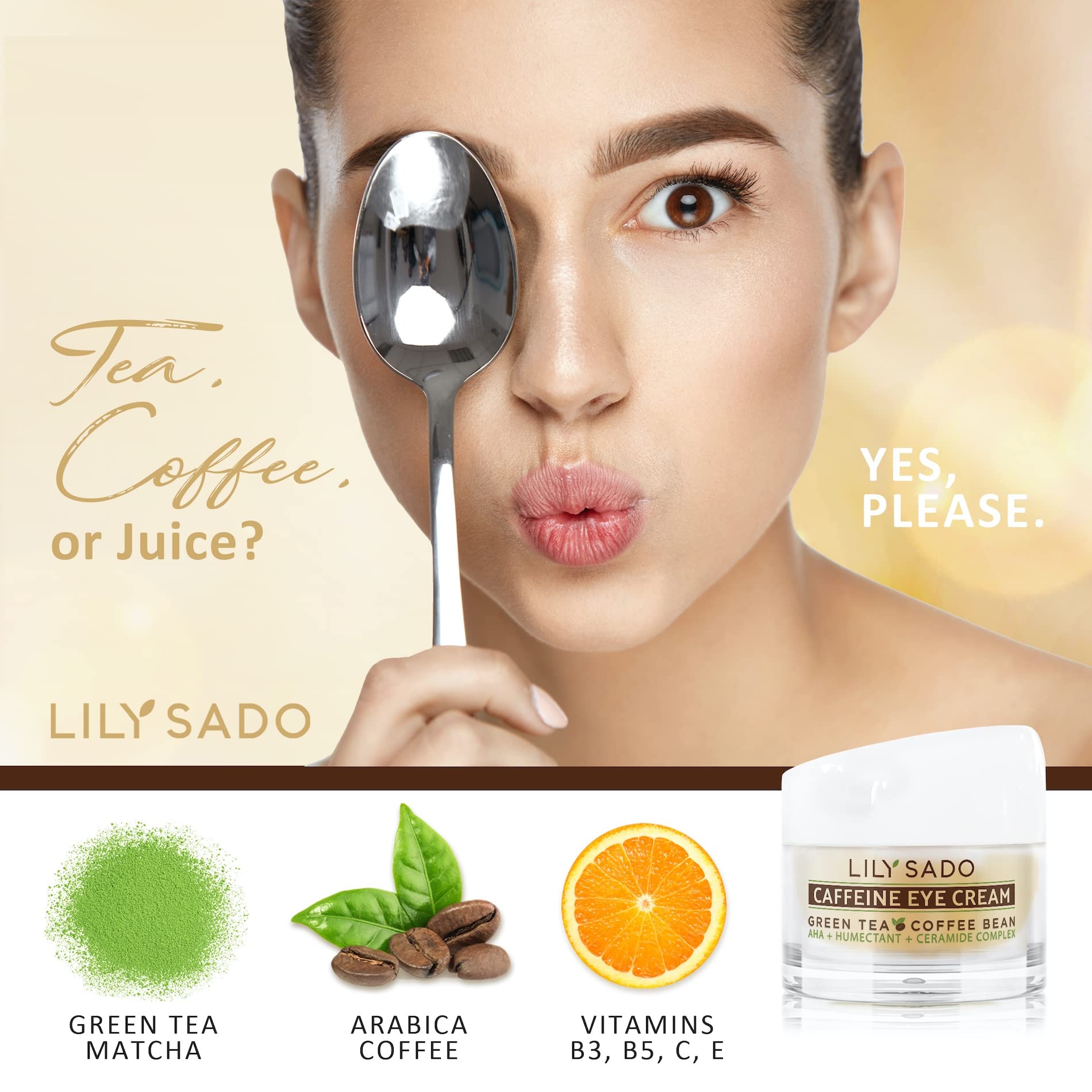 LILY SADO TEA+C eye cream packaging highlighting vegan formula and premium ingredients.