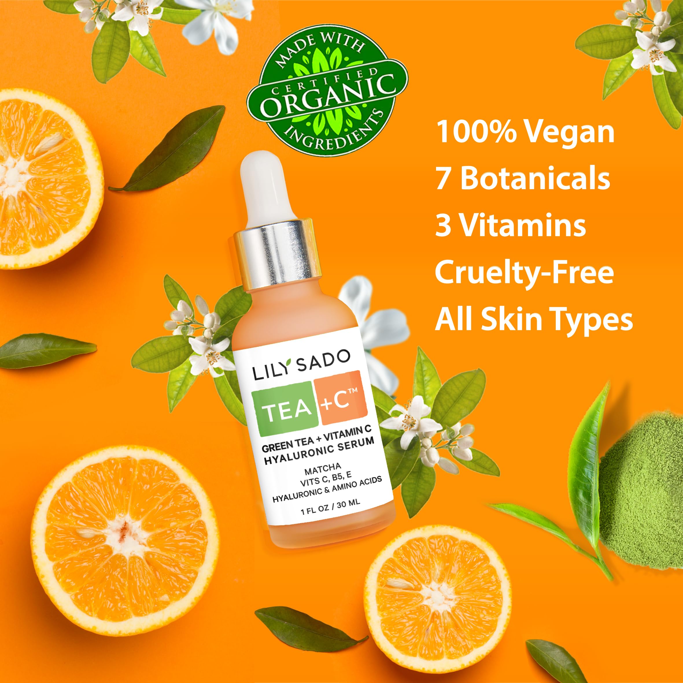 LILY SADO Tea+C bottle on natural wood background for vegan skincare