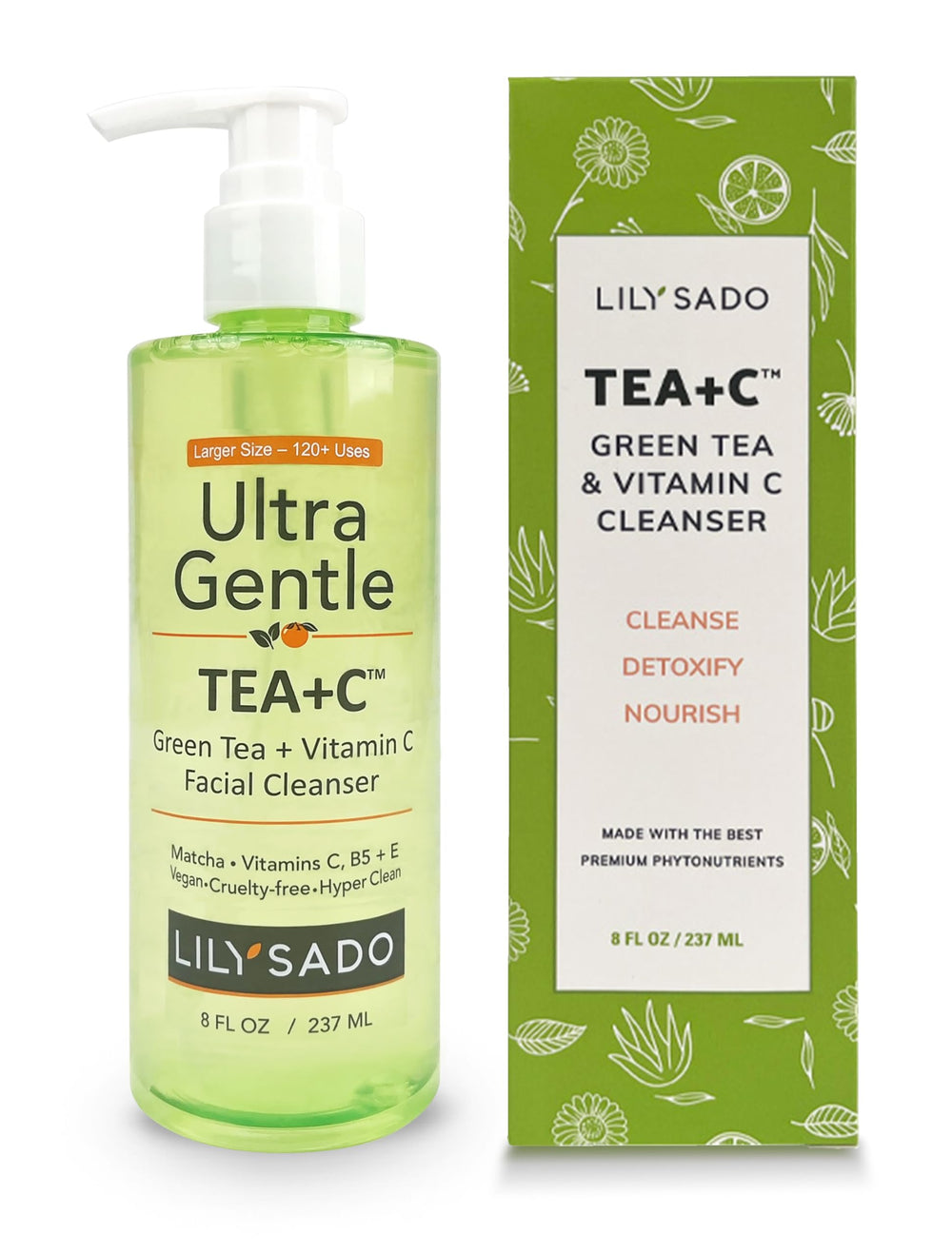 LILY SADO Tea+C cleanser bottle emphasizes gentle daily cleanse for clearer skin