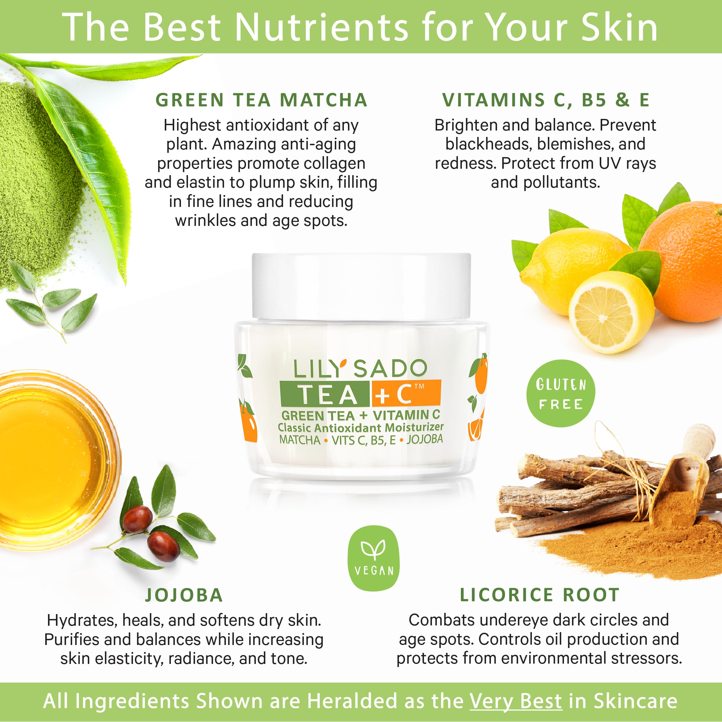 LILY SADO TEA+C moisturizer with green tea leaves highlighting antioxidants