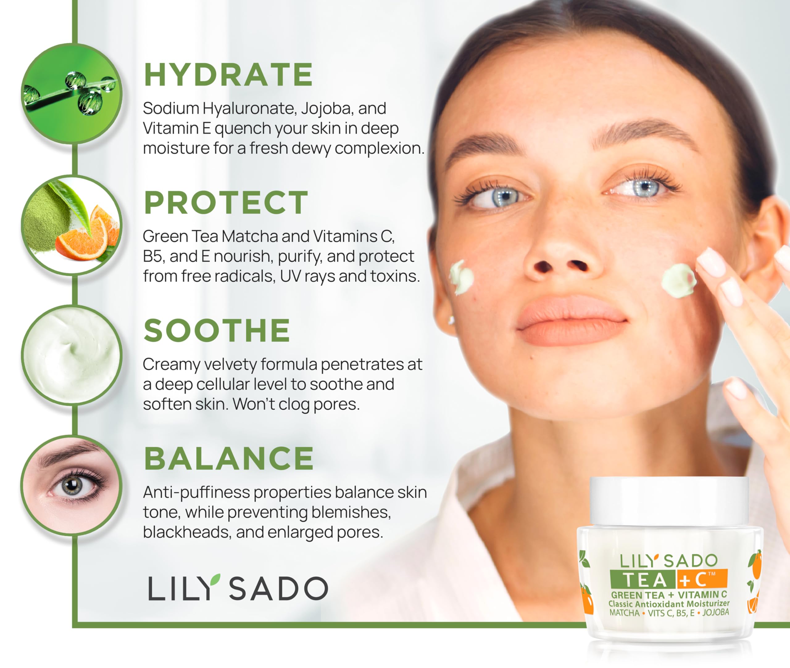 LILY SADO TEA+C with Vitamin C and citrus imagery for brightening skin