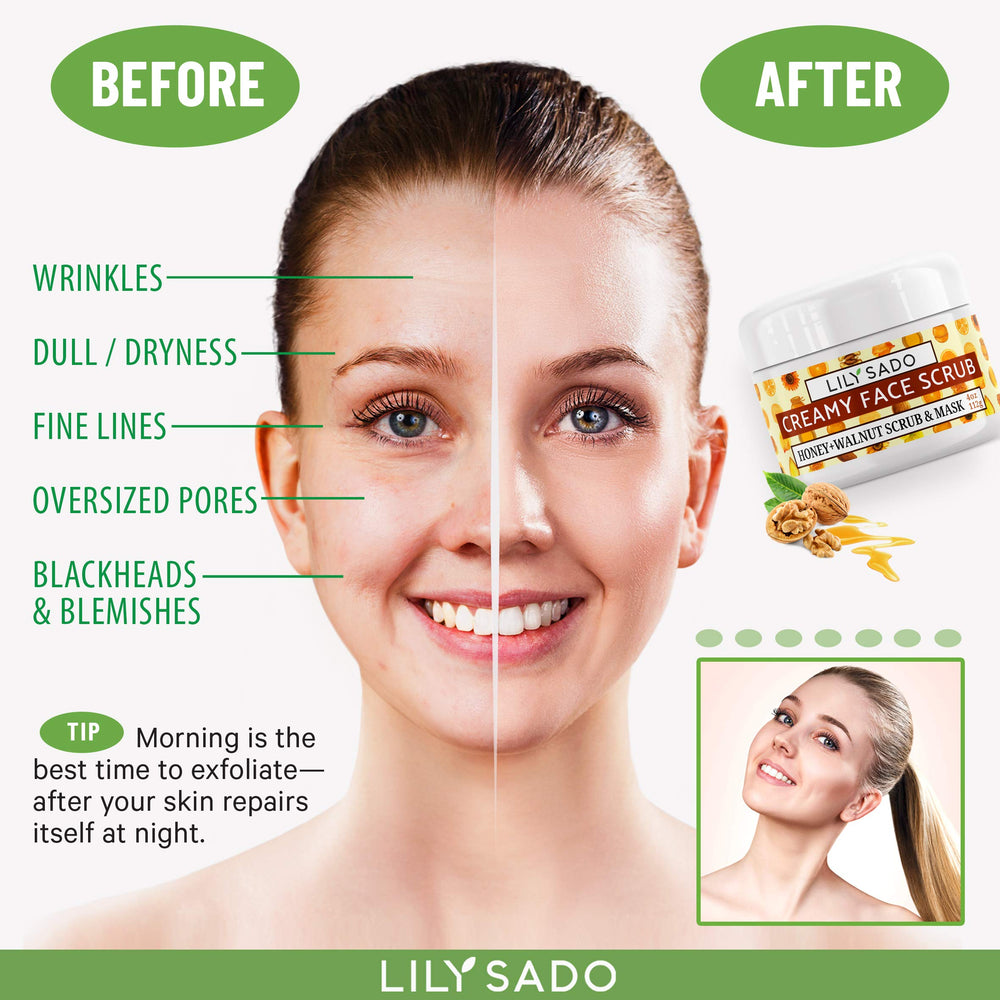 LILY SADO Walnut shell texture illustrates natural exfoliation on skin surface