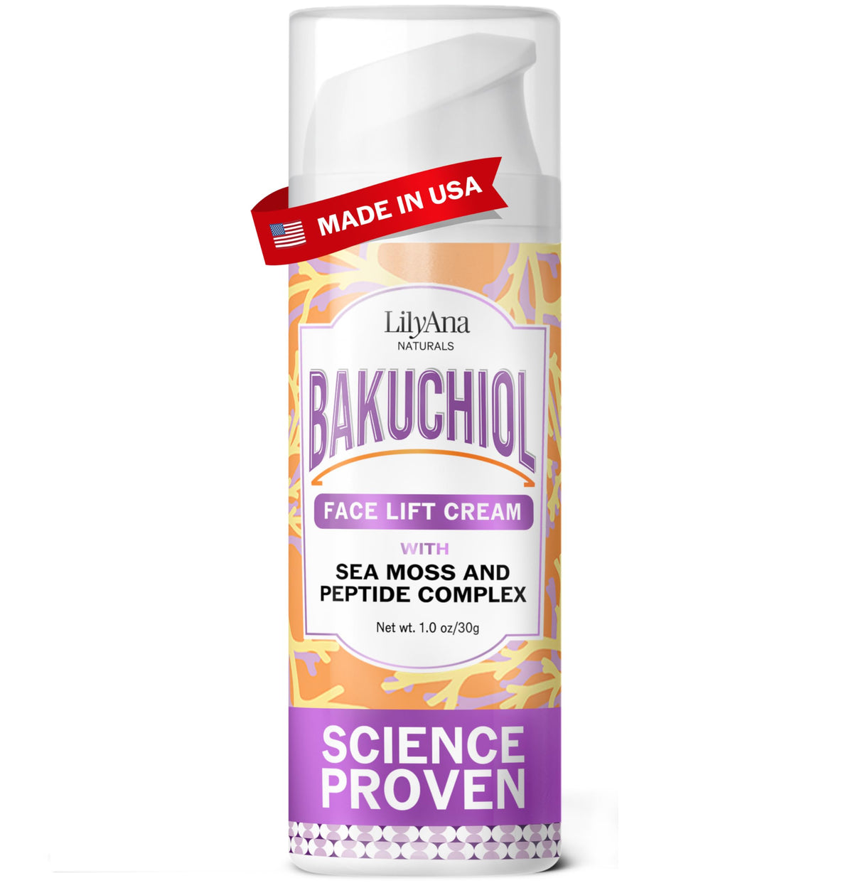 LilyAna Naturals Bakuchiol Face Lift Cream bottle showing firming and hydration benefits