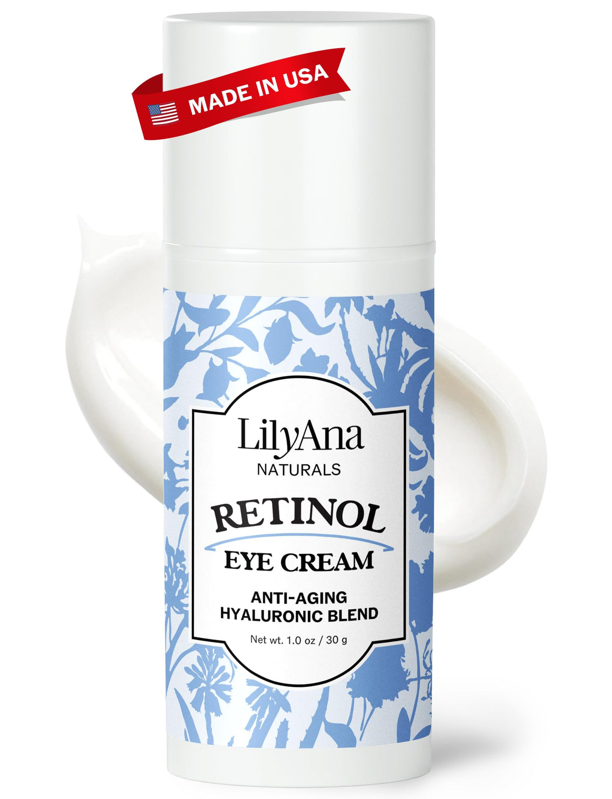 LilyAna Naturals Eye Cream bottle close-up highlighting quick-absorbing hydration.