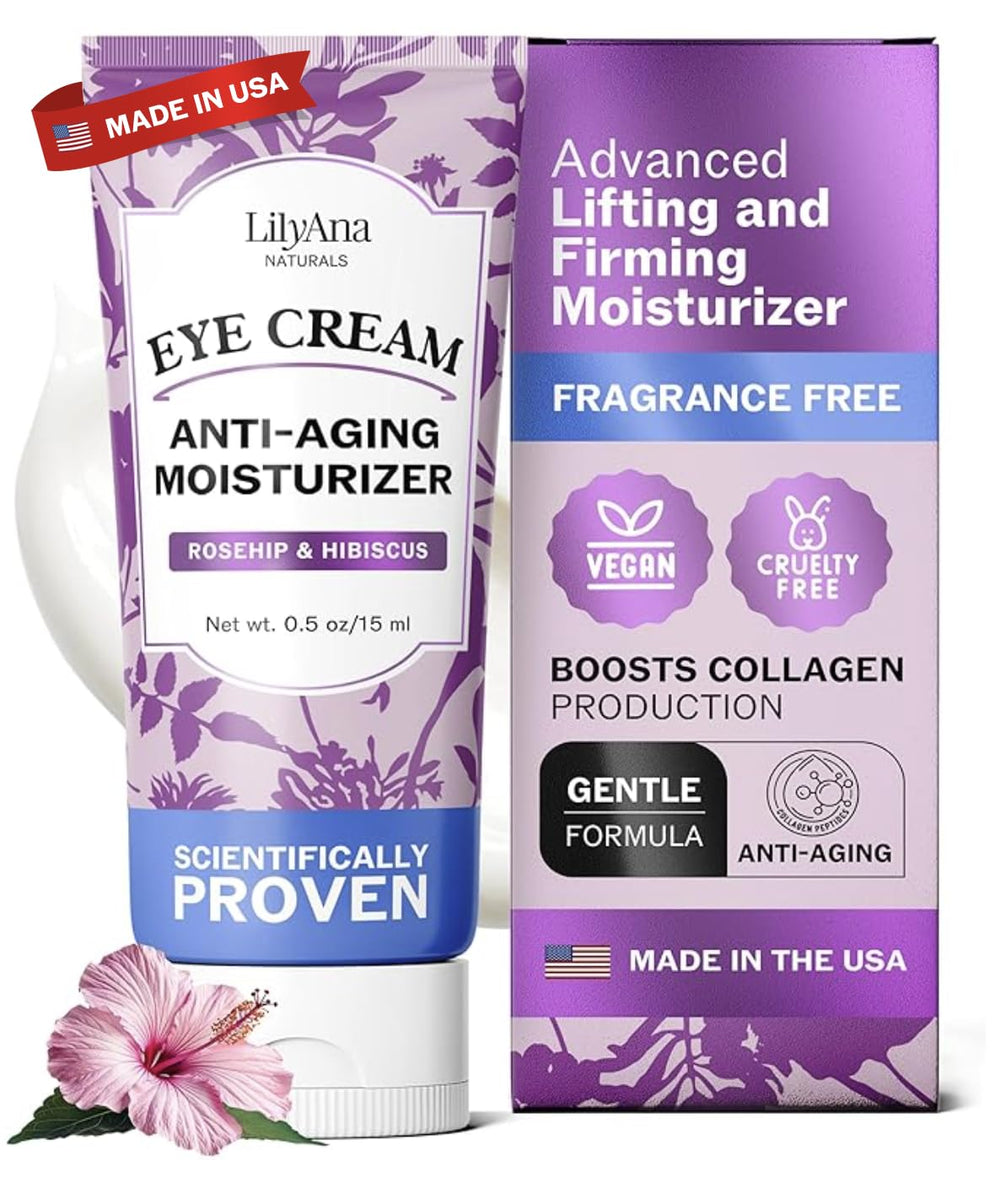 LilyAna Naturals Eye Cream jar closeup showing deep hydration for puffy under-eye areas.