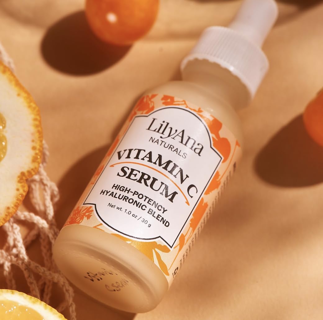LilyAna Naturals hyaluronic acid serum bottle closeup showing hydrating skin boost