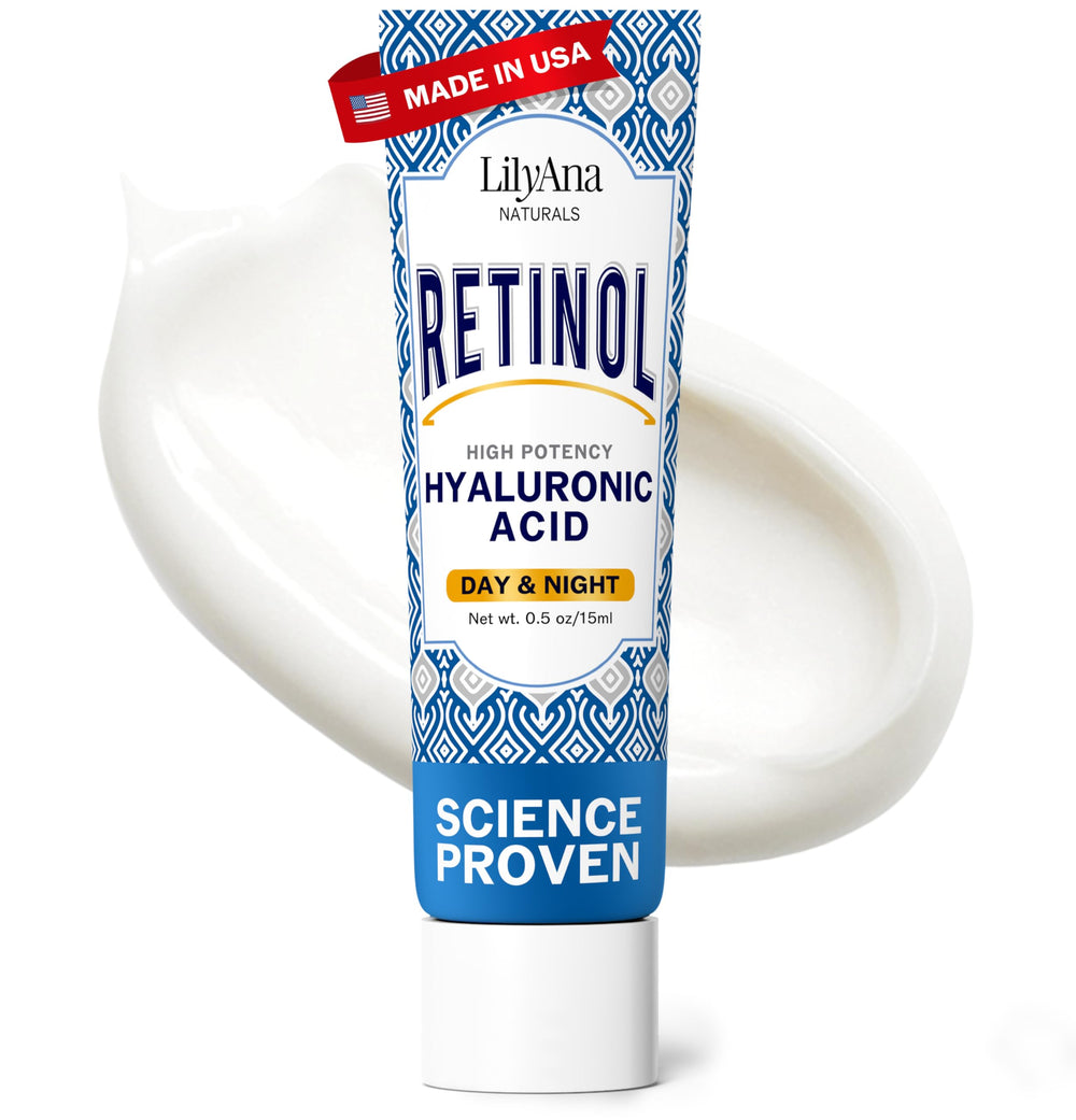 LilyAna Naturals retinol face cream jar closeup demonstrates smoothing and firming potential.