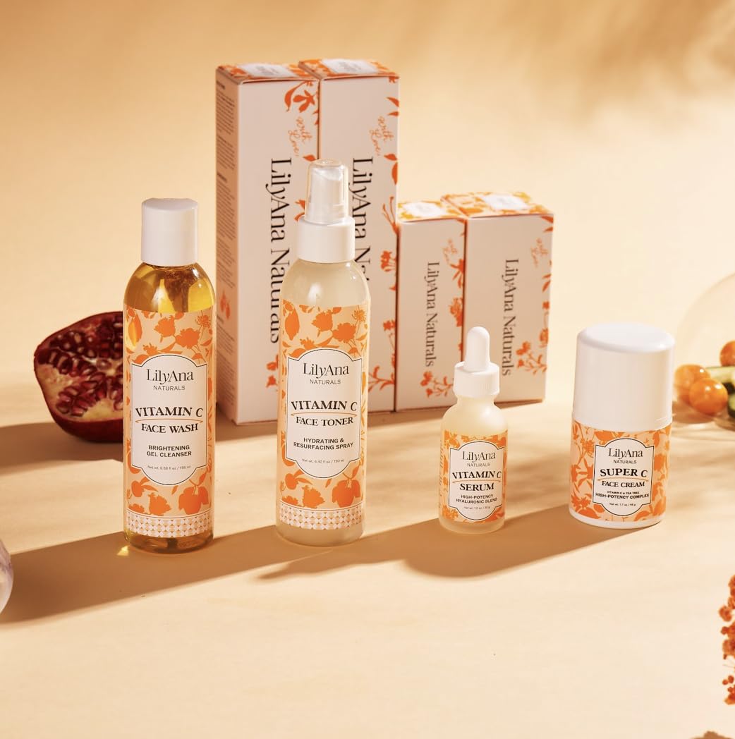 LilyAna Naturals vitamin C serum bottle closeup highlighting anti-aging potential