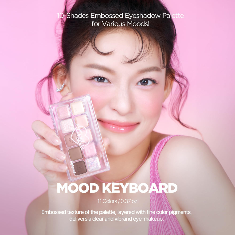Lilybyred Mood Keyboard 10-shade stack features matte, shimmer, and jelly finishes.