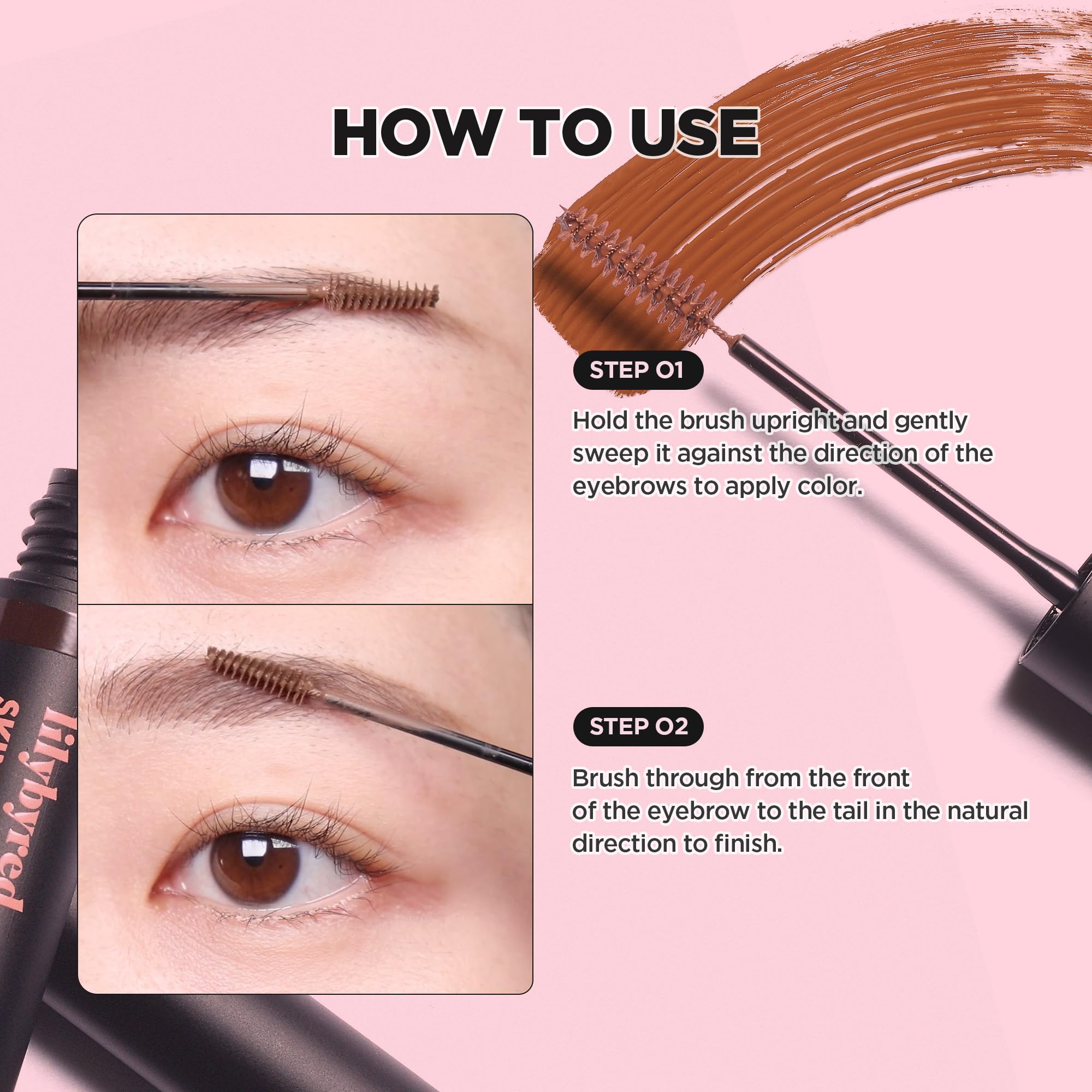 Lilybyred Skinny Mes Brow Mascara buildable-color for natural to bold brow looks.