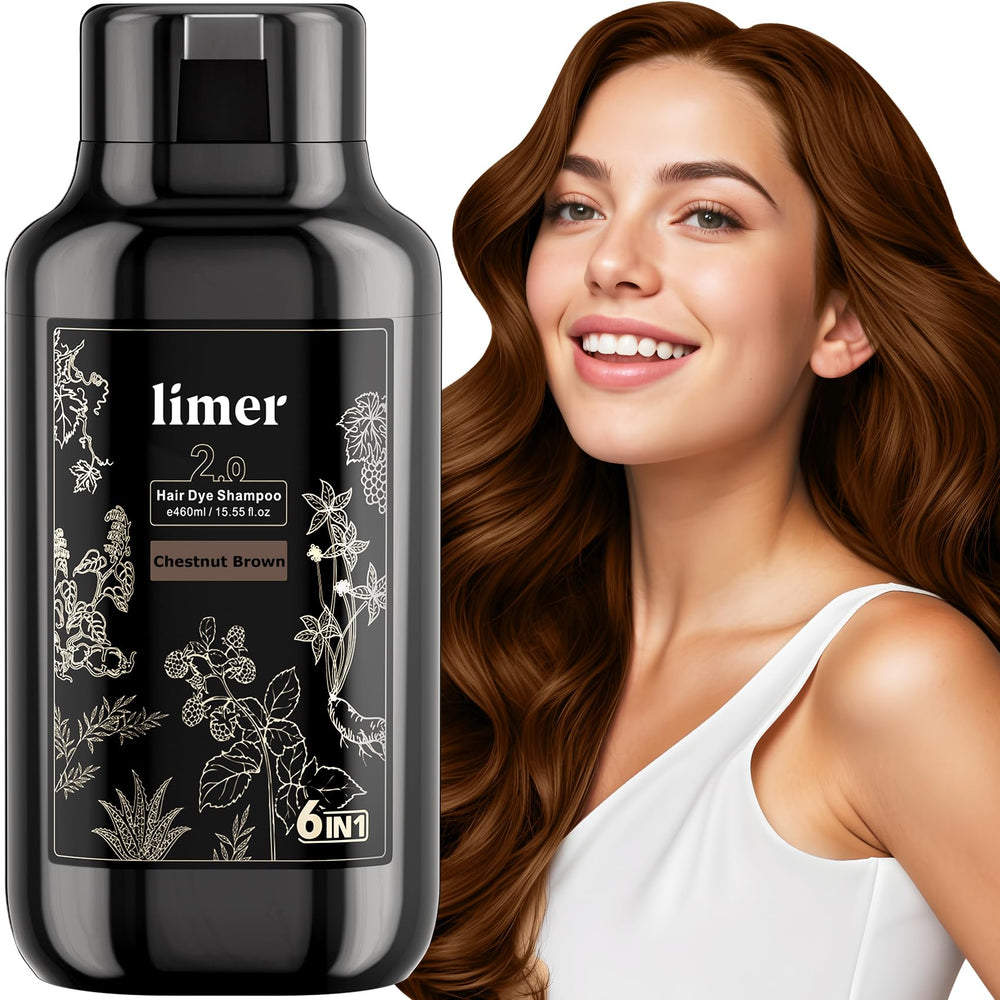 Limer Hair Dye Shampoo bottle demonstrating 3-in-1 color, cleanse, and condition.