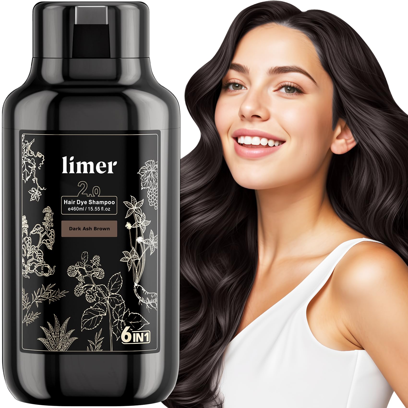 Limer hair dye shampoo bottle showing dark ash brown color for easy at-home coverage.