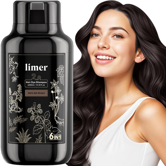 Limer hair dye shampoo bottle showing dark ash brown color for easy at-home coverage.