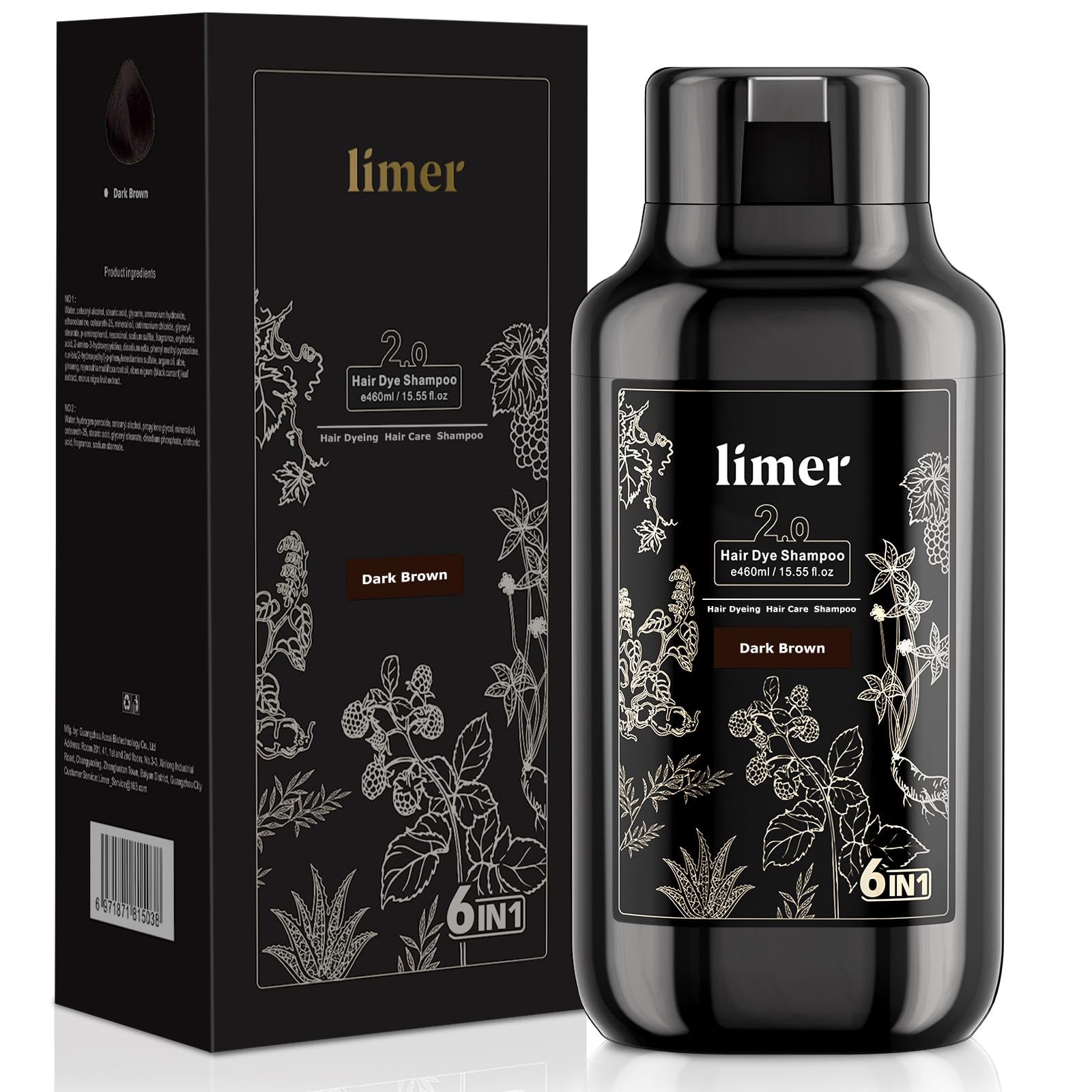 Limer Hair Dye Shampoo in a dark brown bottle delivering natural gray coverage