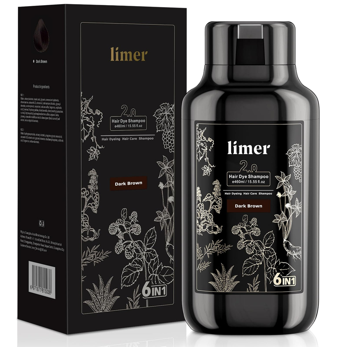 Limer Hair Dye Shampoo in a dark brown bottle delivering natural gray coverage