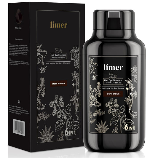 Limer Hair Dye Shampoo in a dark brown bottle delivering natural gray coverage