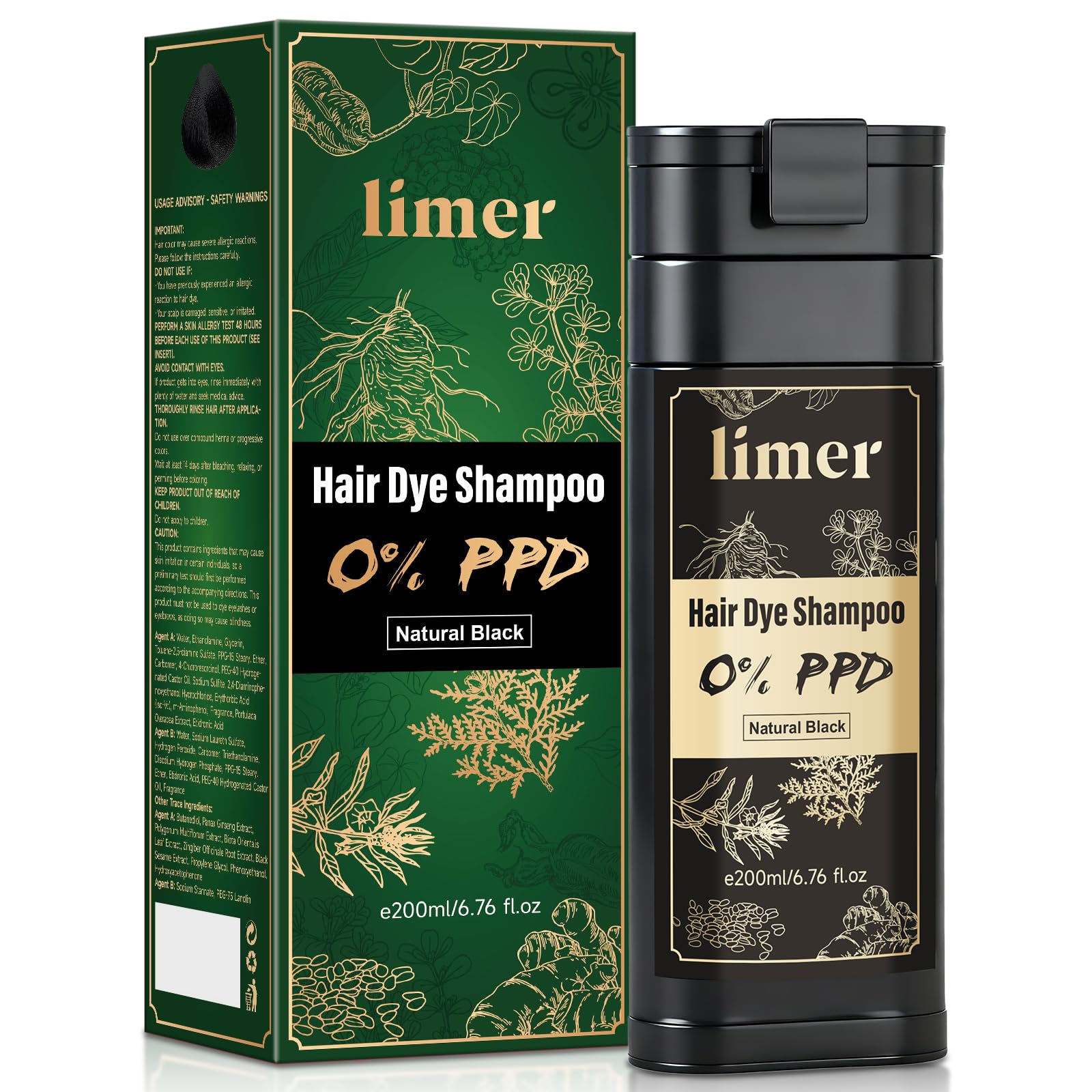 Limer Hair Dye Shampoo bottle showing natural black color with gentle formula for sensitive scalps