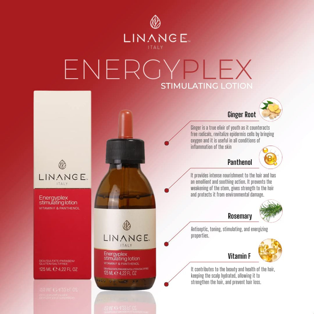 Linange Energyplex lotion ingredient list close-up, Panthenol and Vitamin F visible.