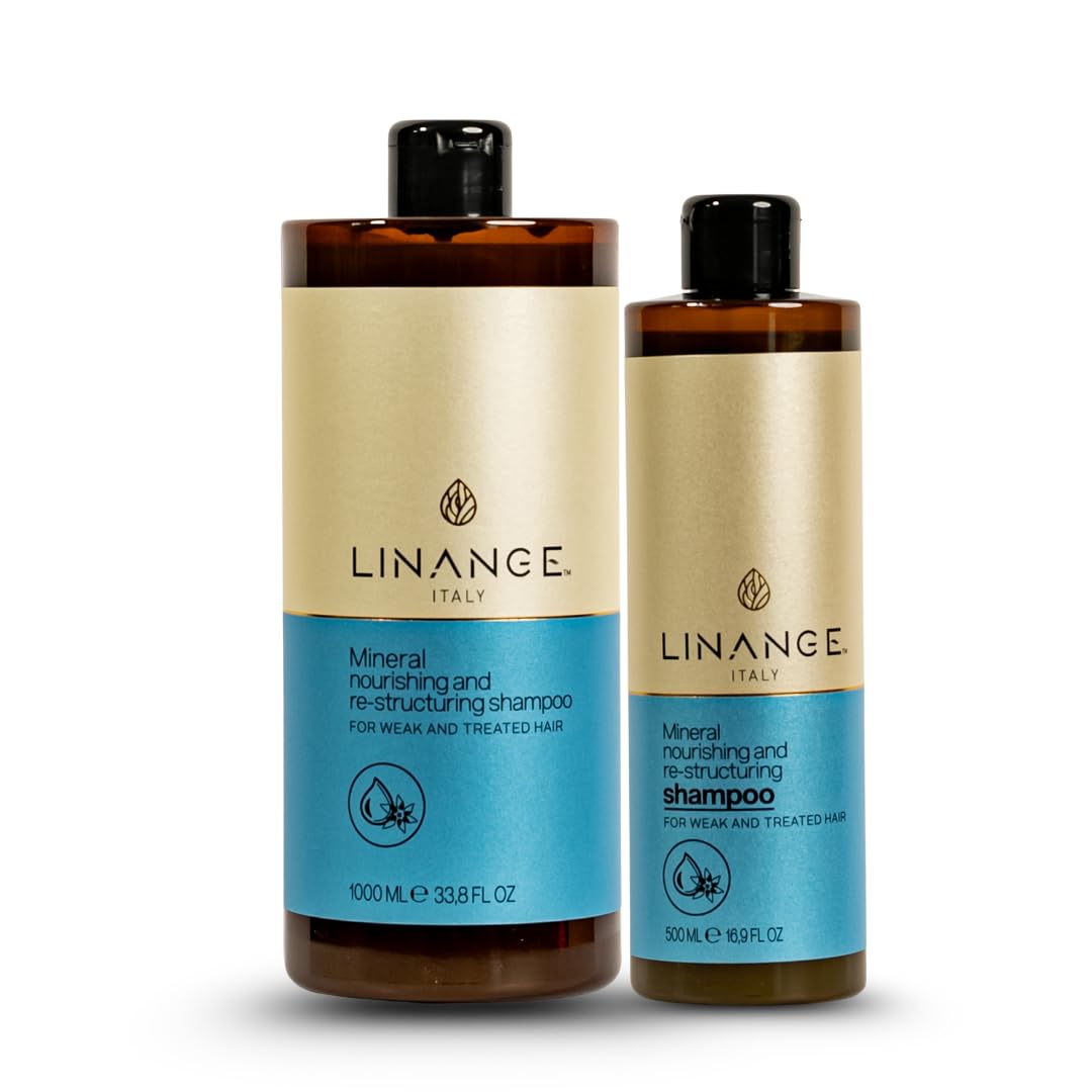 Linange Mineral Nourishing Shampoo before-after image suggests transformation in damaged hair.