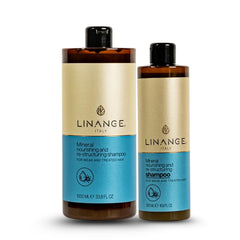 Linange Mineral Nourishing Shampoo before-after image suggests transformation in damaged hair.